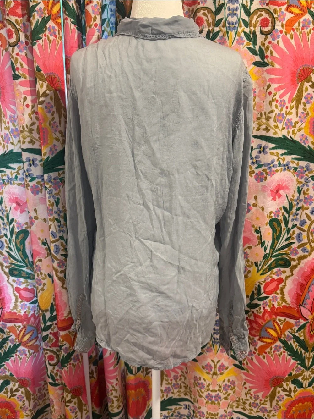 Johnny Was Gray Embroidered Button-Down Shirt with Pastel Floral Accents - Picture 2 of 5